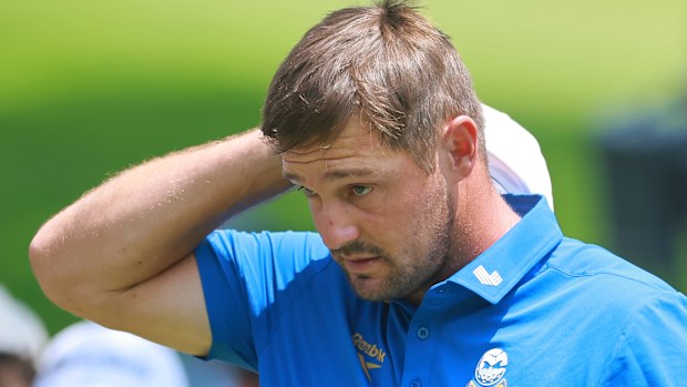 Bryson DeChambeau of Crushers GC reacts from second green during day one of LIV Golf Mexico City at Club de Golf Chapultepec on April 16, 2026 in Mexico City. (Photo by Hector Vivas/Getty Images)