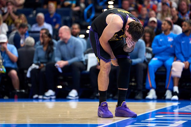 Luka Doncic #77 of the Los Angeles Lakers reacts after a play during the second half against the Oklahoma City Thunder at the Paycom Center on April 2, 2026 in Oklahoma City, Oklahoma.