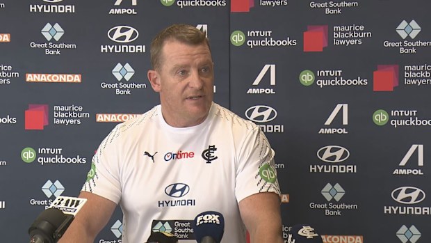 Carlton coach Michael Voss speaking at his press conference.