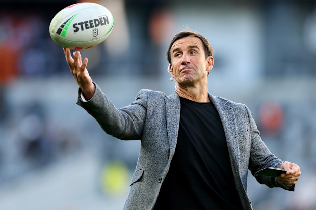 SYDNEY, AUSTRALIA - JUNE 08: Former NRL player and now commentator Andrew Johns catches a football prior to the round 14 NRL match between Wests Tigers and Penrith Panthers at CommBank Stadium, on June 08, 2025, in Sydney, Australia. (Photo by Jeremy Ng/Getty Images)