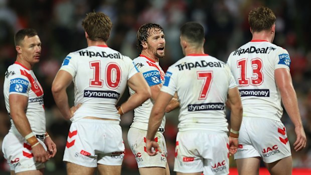 Clint Gutherson of the Dragons reacts after conceding a try.
