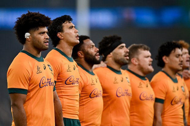 Rob Valetini and Australia team-mates during the playing of the Australian national anthem Advance Australia Fair before the Quilter Nations Series 2025 match between Ireland and Australia at the Aviva Stadium in Dublin. (Photo By David Fitzgerald/Sportsfile via Getty Images)