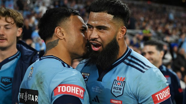 Spencer Leniu (left) and Payne Haas after the 2025 State of Origin opener.