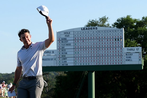Rory McIlroy of Northern Ireland walks off the 18th green during the second round of the 2026 Masters Tournament at Augusta National Golf Club on April 10, 2026 in Augusta, Georgia. (Photo by Andrew Redington/Getty Images)