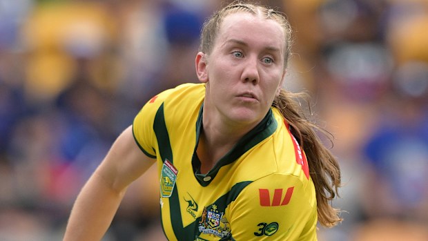 BRISBANE, AUSTRALIA - OCTOBER 26: Tamika Upton of Australia in action during the Women's Pacific Championships match between Australia Jillaroos and Fetu Samoa at Suncorp Stadium on October 26, 2025 in Brisbane, Australia. (Photo by Bradley Kanaris/Getty Images)
