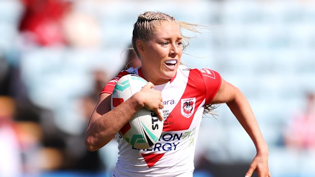 Teagan Berry of the Dragons makes a break during the round 10 NRLW match against the North Queensland Cowboys at WIN Stadium, September 06, 2025, in Wollongong, Australia. (Photo by Mark Kolbe Photography/Getty Images)