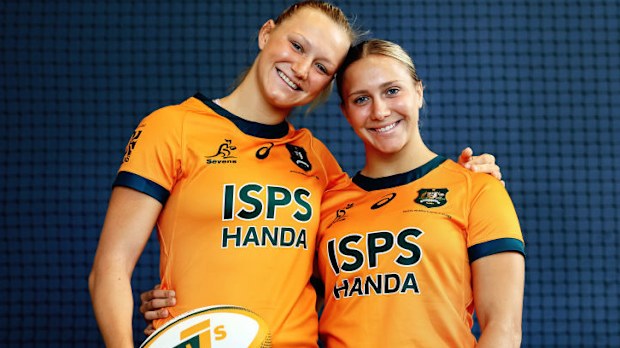 Maddison and Teagan Levi pose for a photo during a Rugby Australia media opportunity.