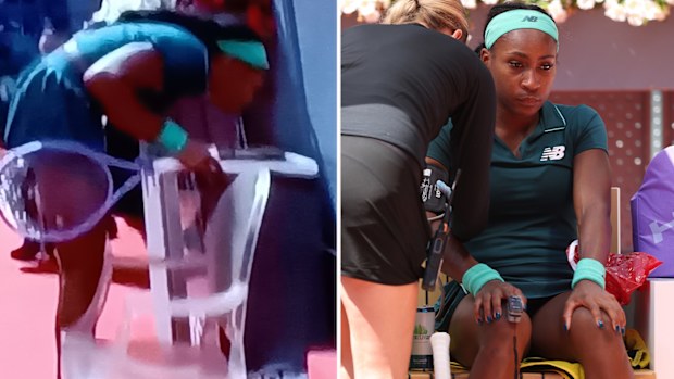 Coco Gauff vomits courtside after falling ill in Madrid.