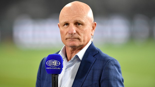 Parramatta legend Peter Sterling on commentary duties for Channel Nine during the NRL round 8 clash between the Parramatta Eels and North Queensland Cowboys at Bankwest Stadium on July 3, 2020. Picture: NRLPhotos/Gregg Porteous