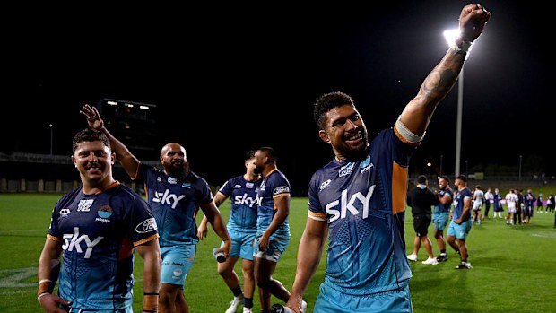 Ardie Savea of Moana Pasifika celebrates after winning the round 14 Super Rugby Pacific match.