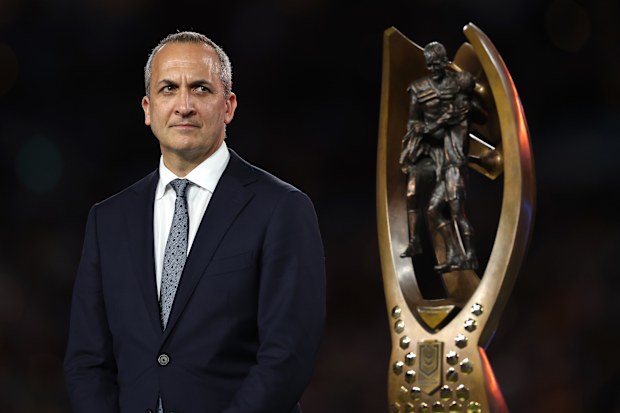 SYDNEY, AUSTRALIA - OCTOBER 05: Andrew Abdo, NRL CEO is seen during the trophy presentation during the NRL Grand Final match between the Melbourne Storm and Brisbane Broncos at Accor Stadium on October 05, 2025, in Sydney, Australia. (Photo by Cameron Spencer/Getty Images)