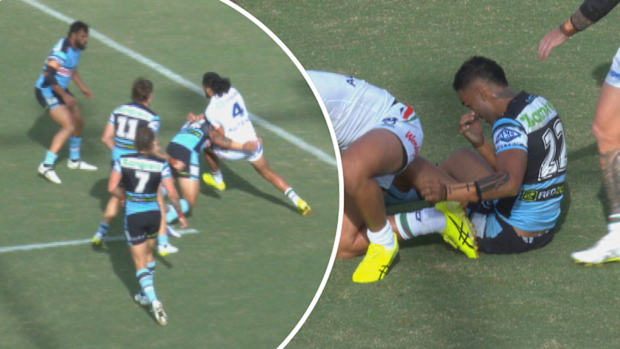 Adam Pompey penalised for contact on Briton Nikora.