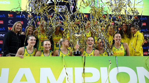 Australia lifts the Constellation Cup after winning game four in the Constellation Cup series against the New Zealand Silver Ferns at Wolfbrook Arena on 29 October 2025 in Christchurch, New Zealand. (Photo by Joe Allison/Getty Images)