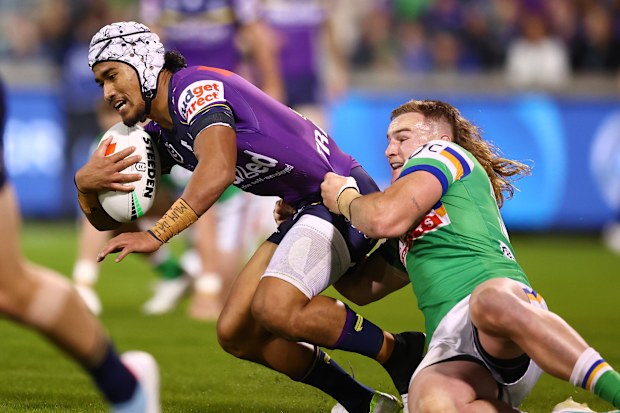 CANBERRA, AUSTRALIA - APRIL 17: Sualauvi Faalogo of the Storm is tackled during the round seven NRL match between Canberra Raiders and Melbourne Storm at GIO Stadium, on April 17, 2026, in Canberra, Australia. (Photo by Mark Nolan/Getty Images)