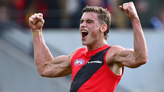 Archer May of the Bombers celebrates kicking a goal during the round five AFL match.