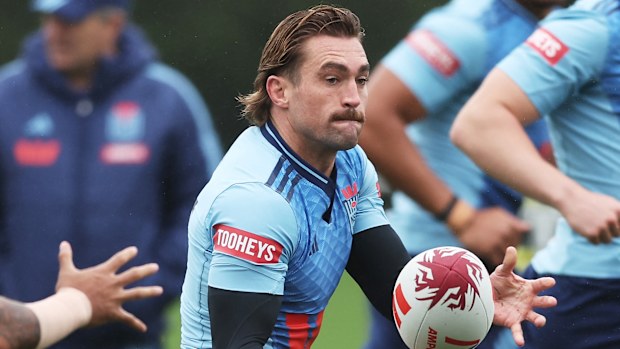 Connor Watson passes during a NSW Blues training session.